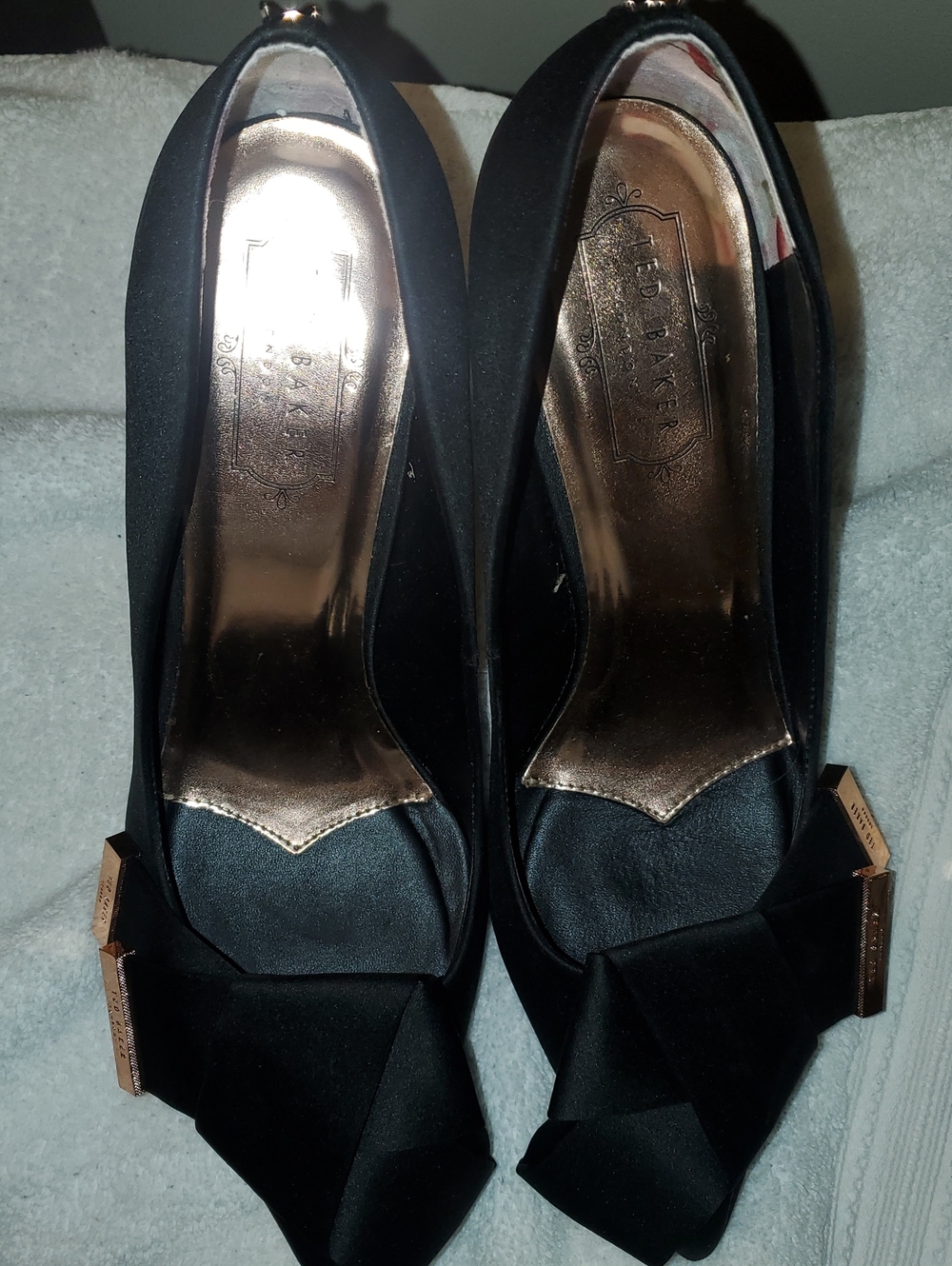 Ted Baker Black Satin Heels with Bow and Gold Trim